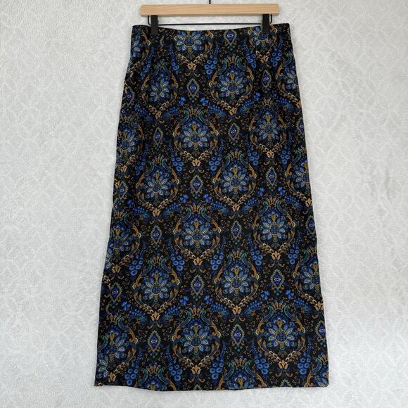 Vtg Midi Skirt 12 Blue Gold Damask Academia Old Money Modest Grunge Boho 90s Y2K - Picture 1 of 10